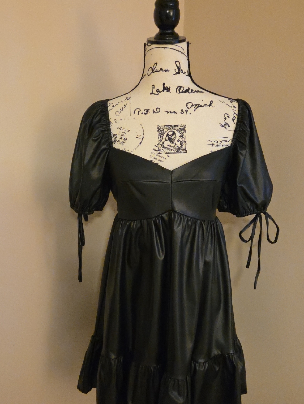 Sincerely Ours Black Puff-Sleeve Faux Leather Midi Dress Medium NWT